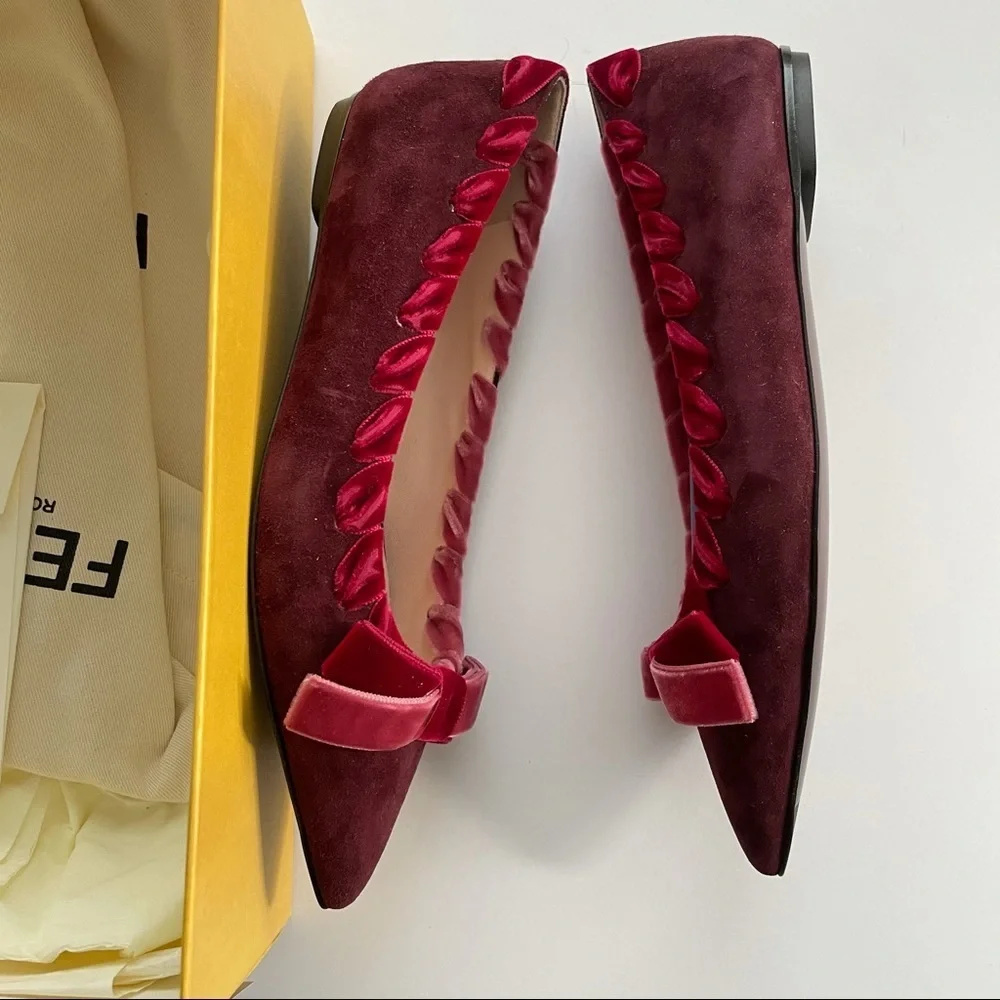FENDI Velvet-trimmed suede point toe flats 35.5 burgundy wine red ribbon laced